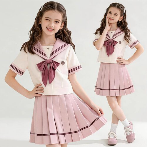 女童学院风套装裙夏季新款儿童JK制服短袖T恤百褶裙水手服两件套