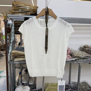 夏季新品短款显瘦镂空亚麻冰丝针织衫短袖上衣女设计感送丝巾t恤