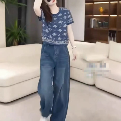 日本george melis春季新款设计复古短袖上衣宽松休闲牛仔裤女