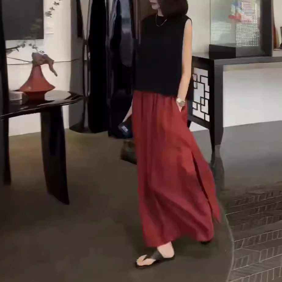 日本george melis夏季新款高级感无袖马甲高腰开叉半身裙女潮