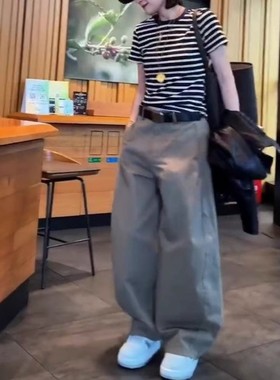 日本george melis新款时尚条纹短袖t恤休闲宽松工装裤洋气女潮