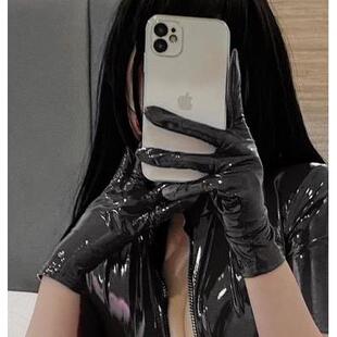 Bright leather PU short gloves PVC black patent leather elas