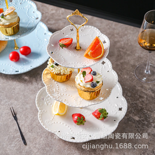陶瓷水果盘欧式 三层点心盘蛋糕盘多层甜品盘现代客厅糖果托盘架子