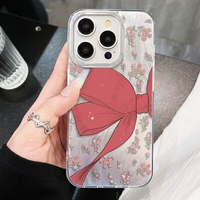 花卉蝴蝶结适用苹果16手机壳15羽纱14保护软套iPhone13喜庆12防摔11羽纱壳
