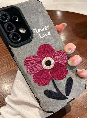 鹿茸皮大红花A54适用三星Galaxy A53手机壳A52S 竖纹 A73全包s22plus软A33创意s23ultra