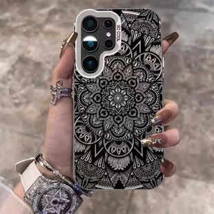 黑色花纹图腾适用三星S24手机壳彩银Galaxy新款 创意note20氛围感s25 高级S24ULTRA创意S23