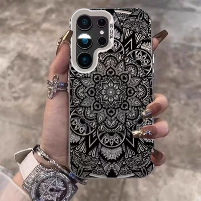 黑色花纹图腾适用三星S24手机壳彩银Galaxy新款高级S24ULTRA创意S23+创意note20氛围感s25