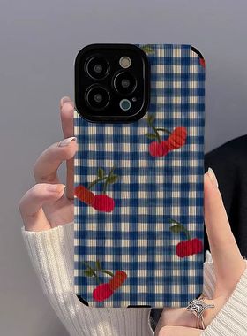 蓝色格子樱桃A54适用三星Galaxy A53手机壳A52S 竖纹 A73全包s22plus软A33创意s23ultra