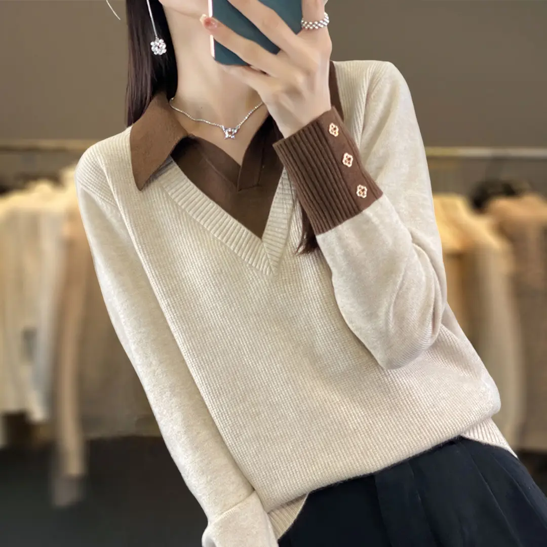 大码女装假两件毛衣女高级感洋气