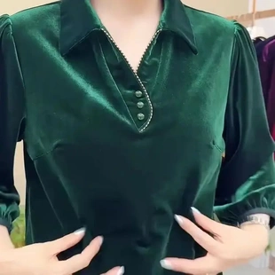 时尚 新款 翻领丝绒洋气七分袖 内搭打底衫 上衣 臻贤爆款 衬衫 2025秋季