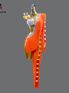 2025新款高级橙色拉丁舞蹈比赛演出服性感流苏裤黑池专业加钻定制