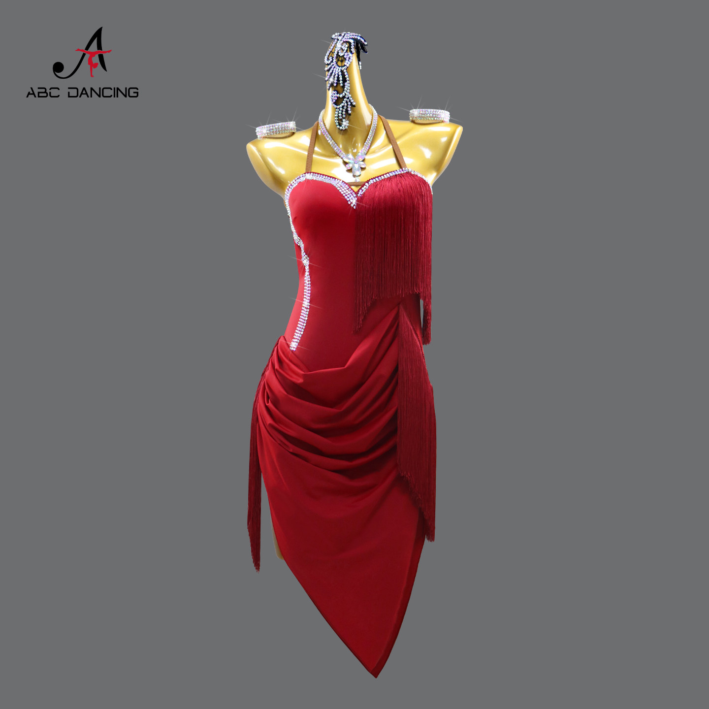 2026新款酒红拉丁舞比赛服专业舞台演出服性感挂脖流苏黑池舞蹈服