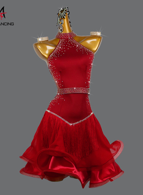 2026新款酒红拉丁舞比赛表演出流苏连衣裙专业舞蹈花服装女童solo