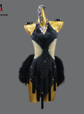 2025新款黑色拉丁舞羽毛裙专业舞蹈比赛演出规定性感黑池花服桑巴