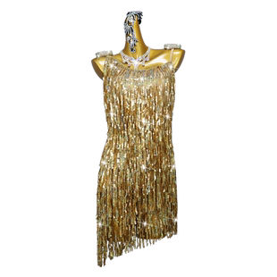 2026新款拉丁舞比赛演出服高级舞蹈裙吊带露背金色亮片女专业花服