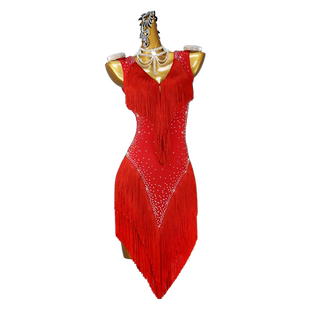 2026新款红色专业拉丁舞演出比赛舞蹈花服装女流苏连衣裙恰恰solo