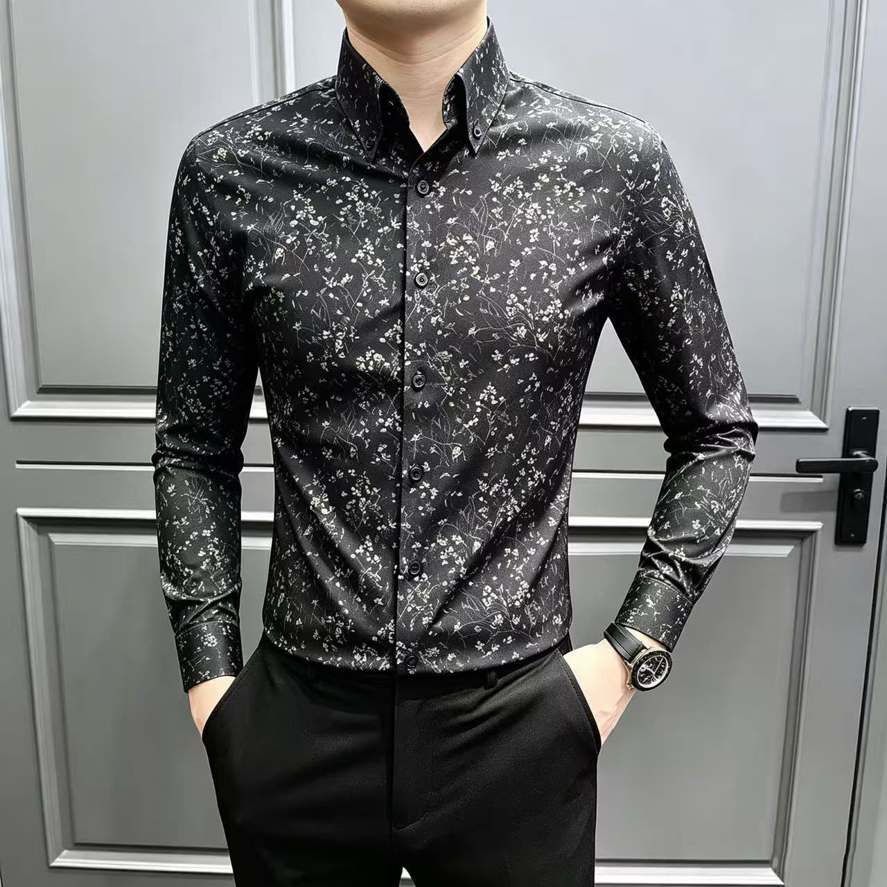 2026新款男士免烫修身印花衬衫