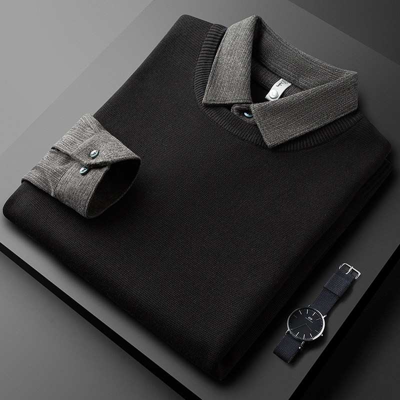 假两件衬衫领毛衣男长袖修身休闲针织衫男冬季加厚款保暖毛呢拼接
