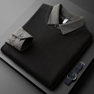 假两件衬衫领毛衣男长袖修身休闲针织衫男冬季加厚款保暖毛呢拼接