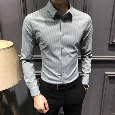 2025新款修身衬衣休闲免烫抗皱韩版百搭高级感衬衫长袖男高端条纹