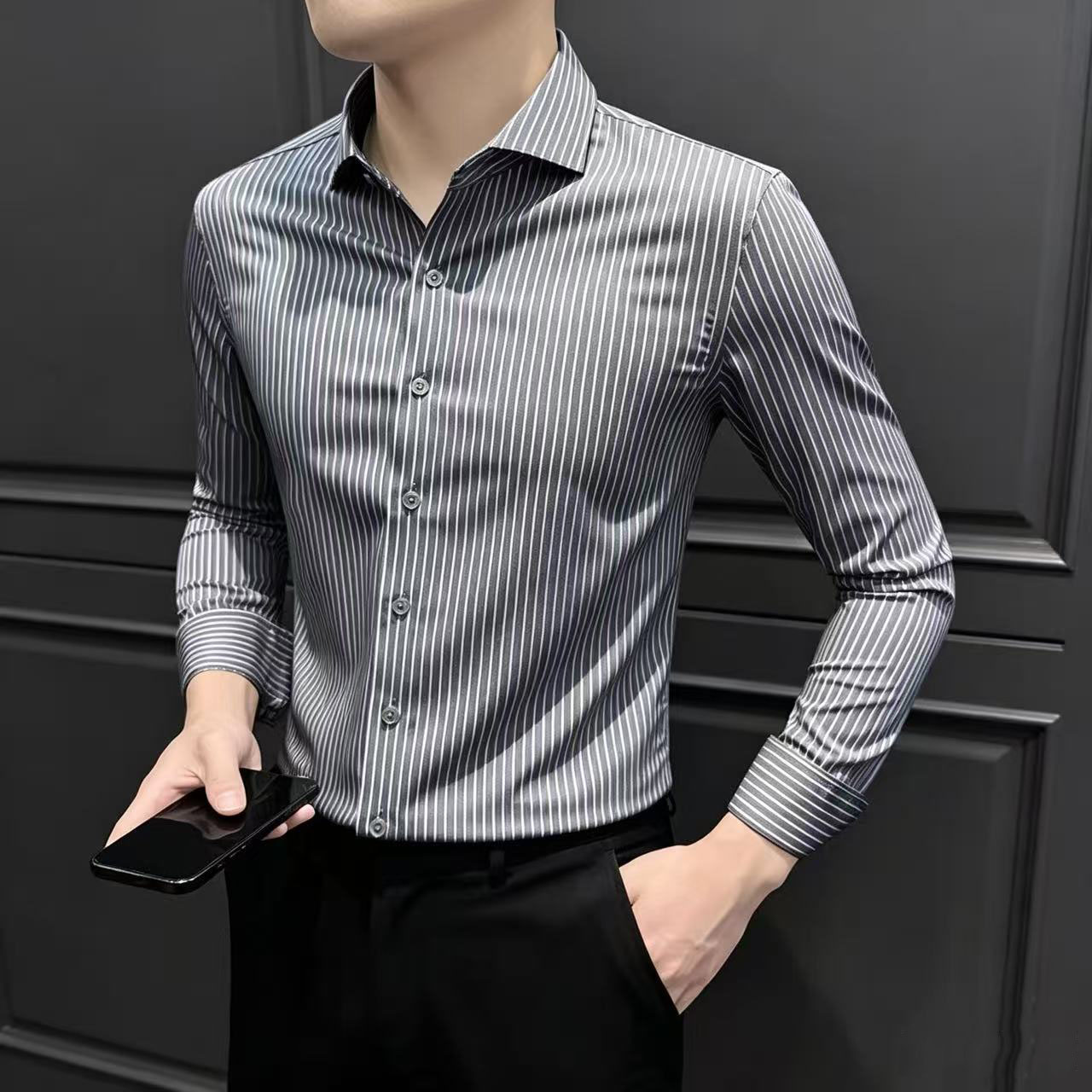 2026新款秋季条纹修身男士衬衫