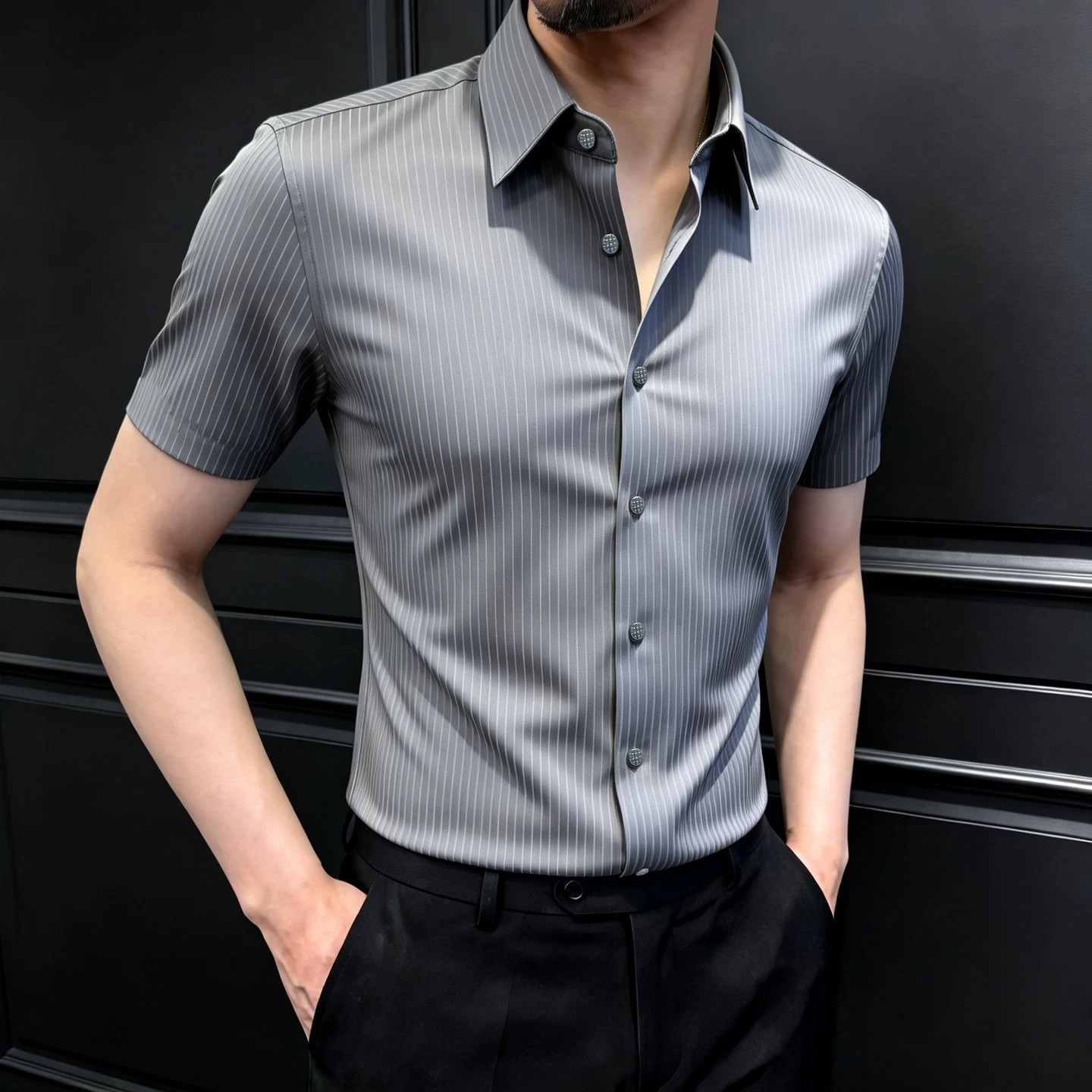 夏季冰丝无痕条纹短袖男士衬衫