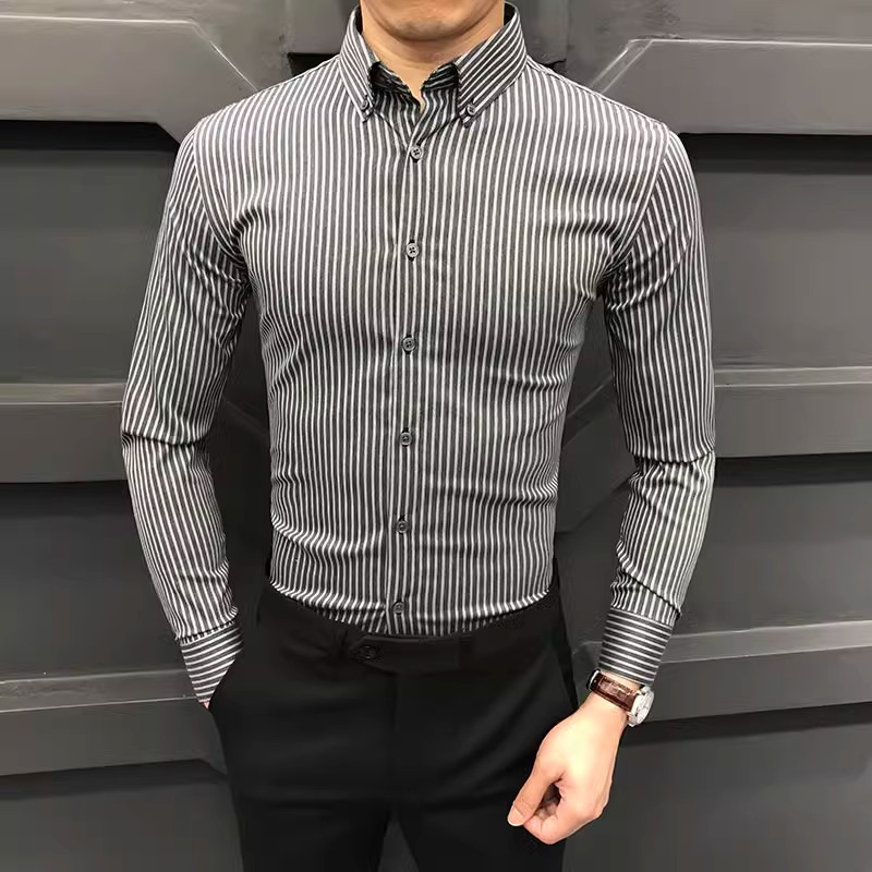 新款高级条纹男士长袖衬衫