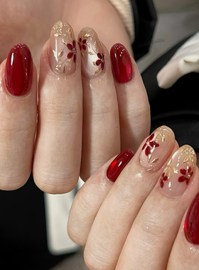 秋季新款国风手绘鎏金富贵花开红色猫眼美甲成品手工定制穿戴甲