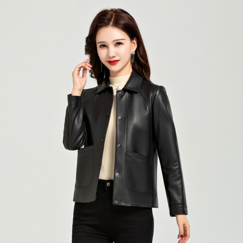 真皮皮衣女式秋冬新款2025方领简约海宁绵羊皮小个子短款夹克外套