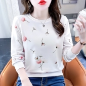 秋季 花朵印花宽松显瘦上衣服 时尚 外穿无帽圆领卫衣女长袖 T恤新款