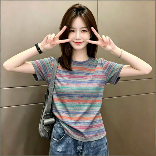 复古撞色彩虹条纹短袖T恤女上衣