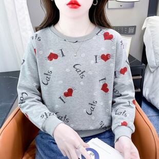 T恤女宽松显瘦上衣服 设计感印花长袖 薄款 圆领卫衣女春夏2026新款