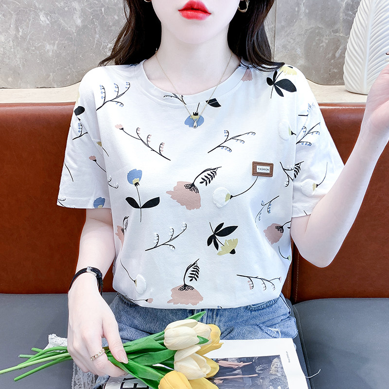 夏天爆款花朵印花短袖t恤女宽松纯棉半袖ins潮新款韩版减龄上衣服