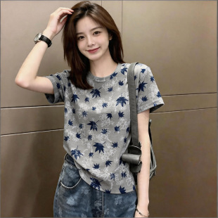灰色枫叶印花纯棉短袖T恤女2026新款夏季韩系宽松显瘦百搭上衣ins