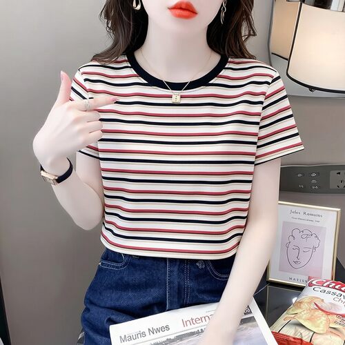 撞色圆领纯棉正肩条纹短袖T恤女