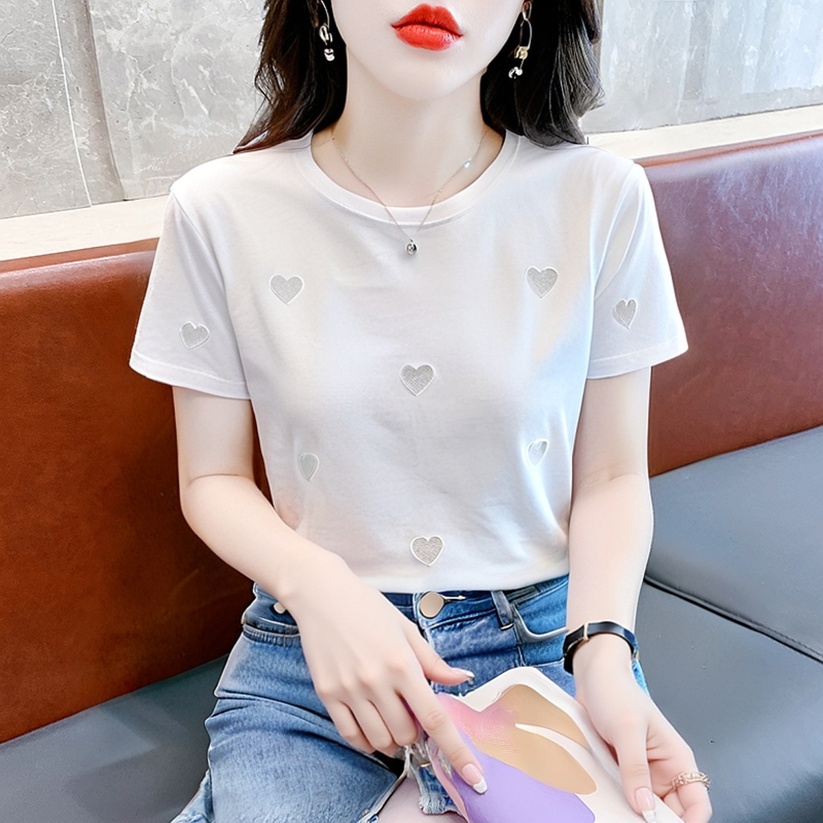 重工爱心刺绣短袖T恤女夏季体恤