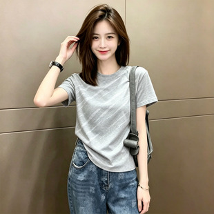 夏天高级感穿搭灰色短袖T恤女夏季新款韩系休闲洋气正肩显瘦上衣