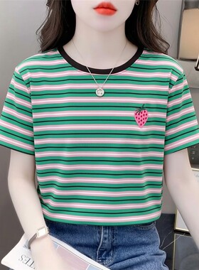 韩版绿色条纹刺绣短袖t恤女夏季新款宽松减龄设计感撞色圆领上衣