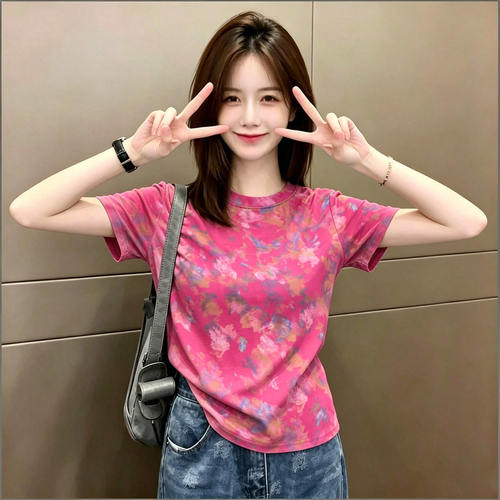 韩系甜辣休闲风正肩短袖T恤女