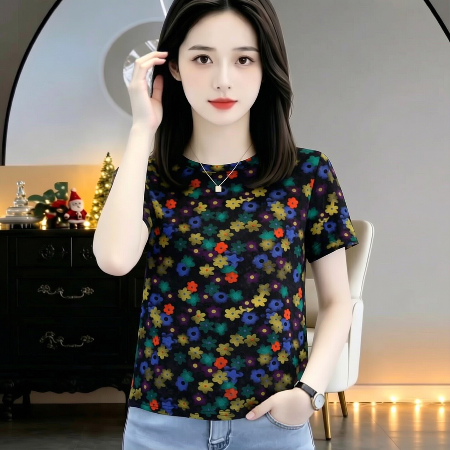 夏季新款时尚满印花朵短袖T恤女图片