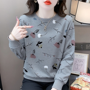 上衣 T恤女设计感减龄圆领卫衣女士宽松显瘦长袖 春装 花朵印花长袖