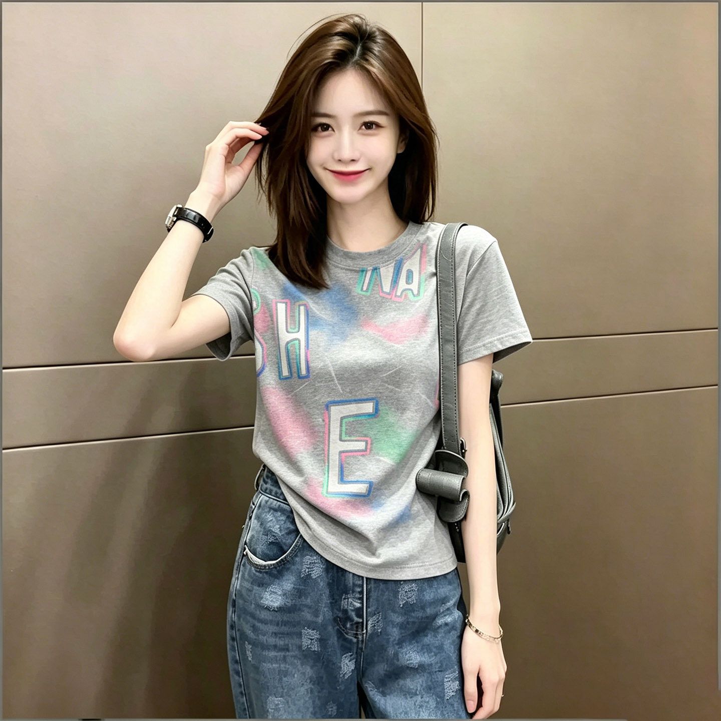 灰色扎染渐变字母印花短袖T恤女图片