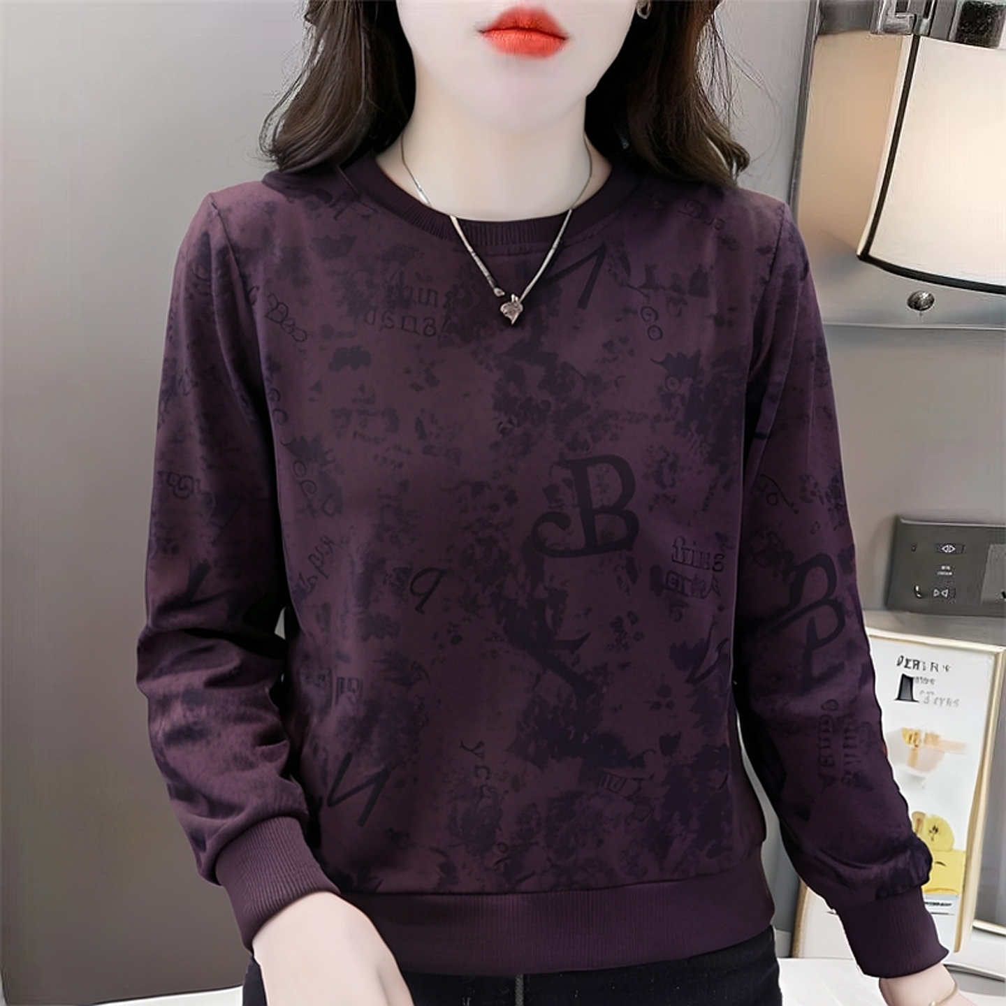 复古水墨印花圆领卫衣女长袖上衣