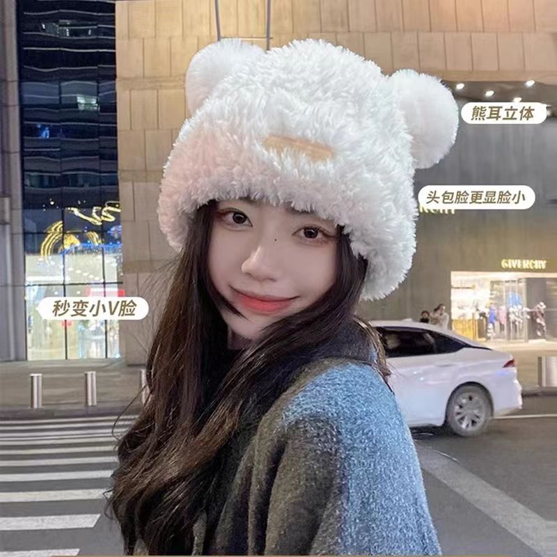 针织帽女冬显脸小小熊耳朵针织帽