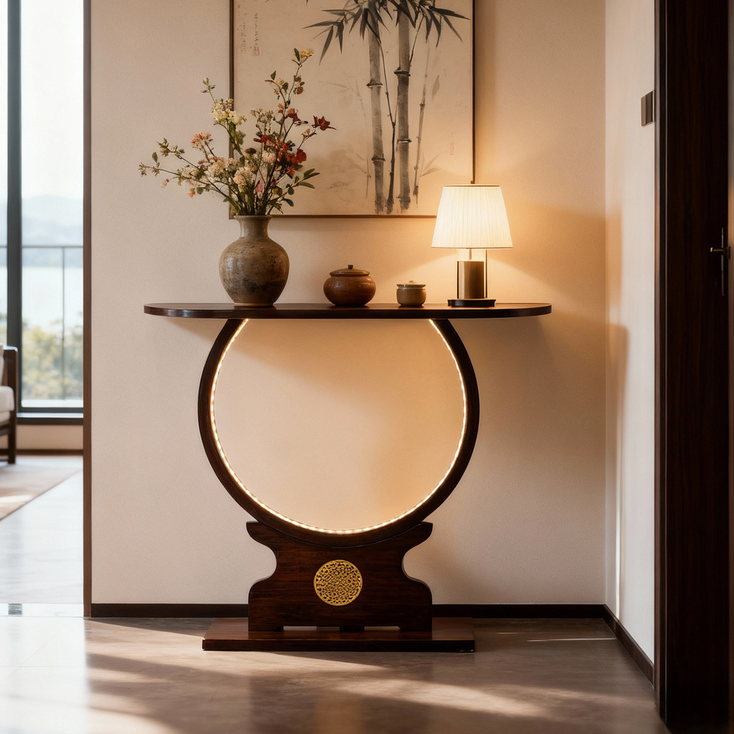 新中式玄关桌带感应灯门厅
