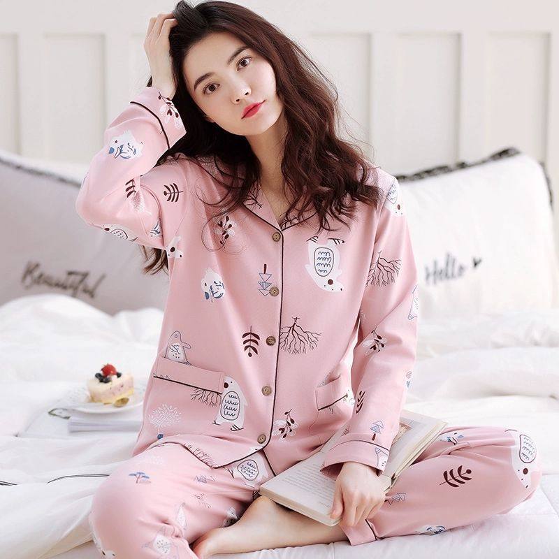 睡衣女秋100%纯棉长袖翻领大码家居服睡衣春秋季女士套装