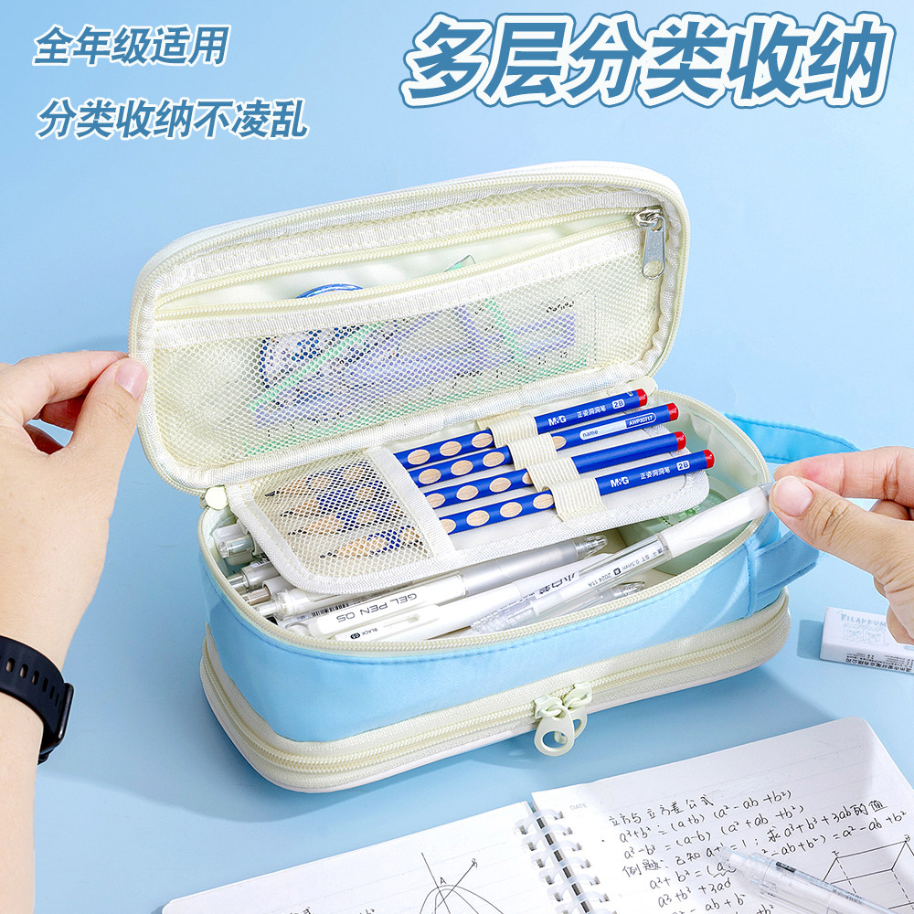 ins风大容量双拉链手提笔袋图片
