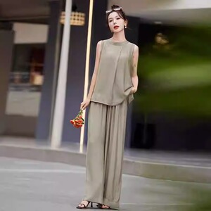 时尚休闲套装女2024夏季气质慵懒风宽松无袖衬衫高腰阔腿裤两件套