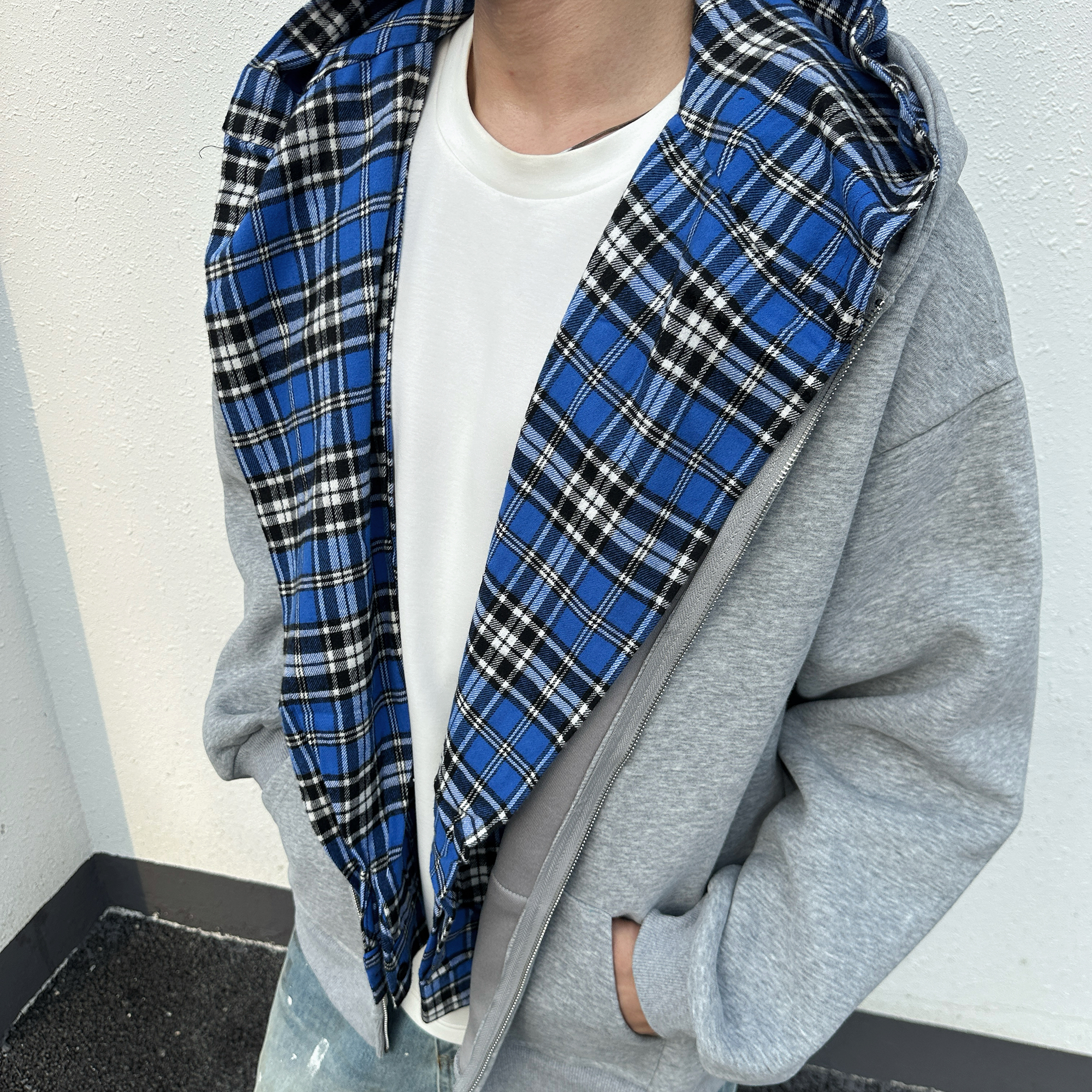 美式假两件连帽灰色卫衣