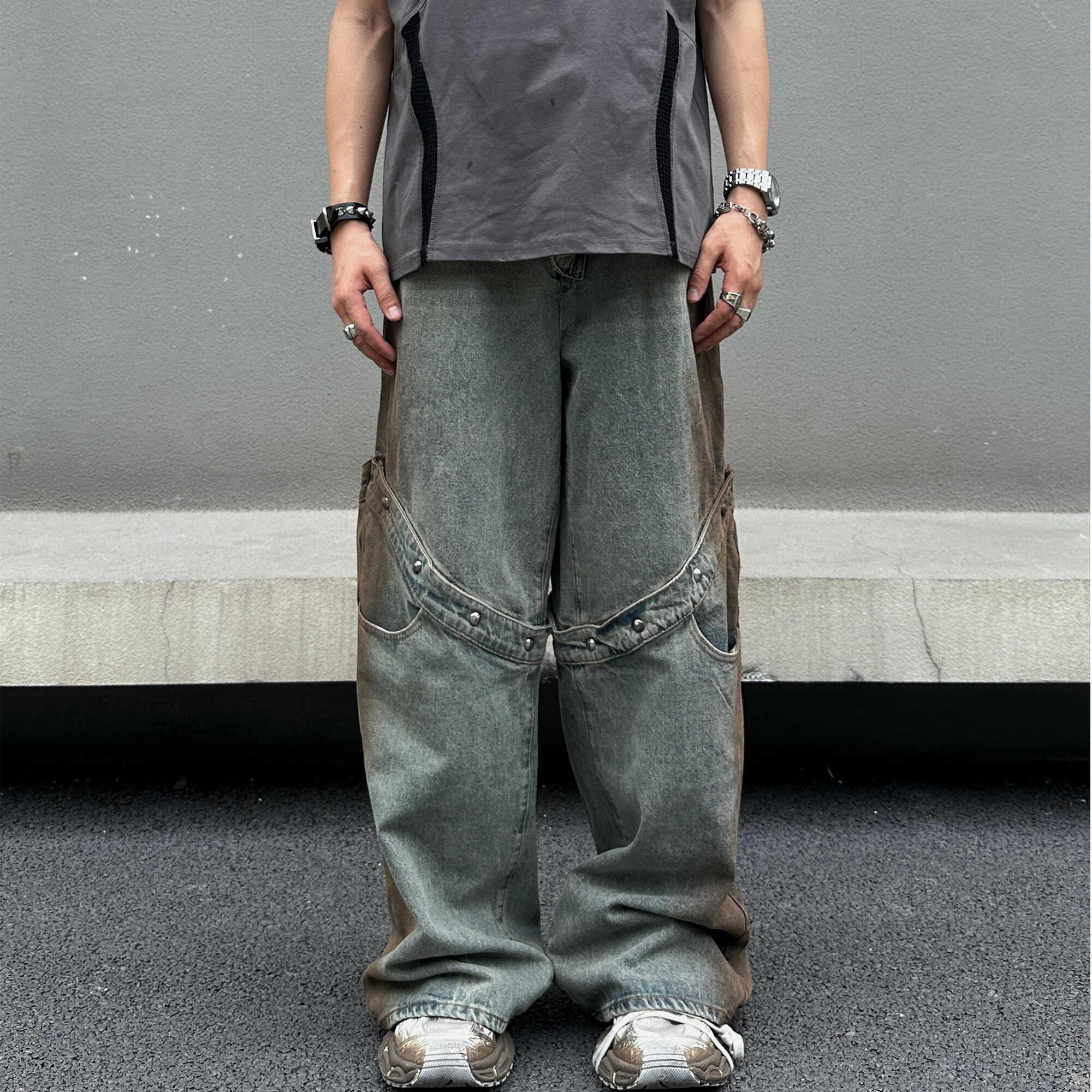 JDKZ复古纽扣绑带设计黄泥牛仔裤